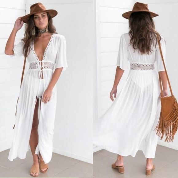 Other - White Boho Crochet Trim Maxi Swim Cover Up NWOT